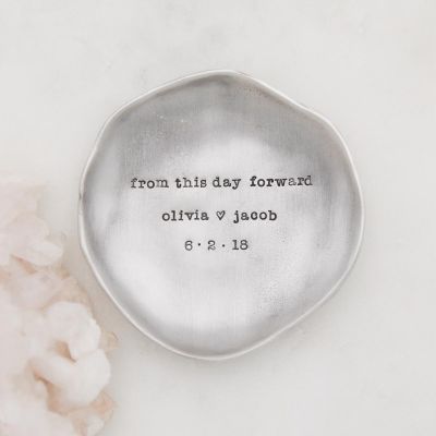 Handcrafted pewter keepsake dish customizable with up to 4 lines of special names, phrases or dates