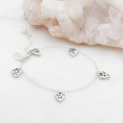 Light + Bright hearts bracelet sterling silver with handcrafted charms and freshwater pearl