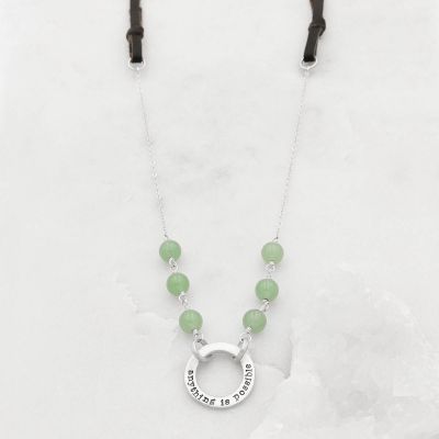 Limited Edition open circle necklace with leather handcrafted in sterling silver and hung with 6 aventurine stones