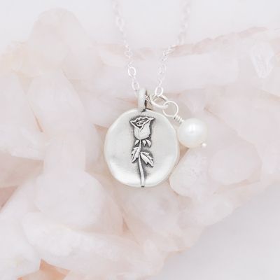 June birth flower necklace handcrafted in sterling silver with a special birth month charm strung with a vintage freshwater pearl