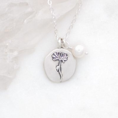 November birth flower necklace handcrafted in sterling silver with a special birth month charm strung with a vintage freshwater pearl