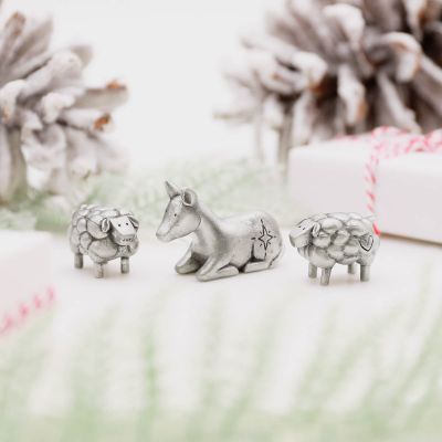 extra animal nativity figurine set hand-molded and cast in fine pewter including two sheep and a donkey