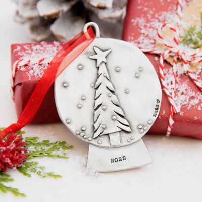 Personalized snow globe ornament, cast in pewter and hand stamped with  names, year, and or phrase