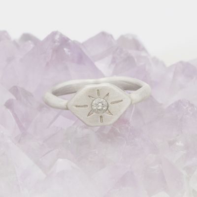 Nostalgia ring hand-molded and cast in 10k white gold set with a 3mm birthstone or diamond