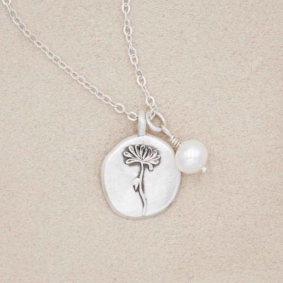 November birth flower necklace handcrafted in sterling silver with a special birth month charm strung with a vintage freshwater pearl