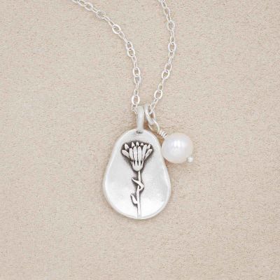 October birth flower necklace handcrafted in sterling silver with a special birth month charm strung with a vintage freshwater pearl