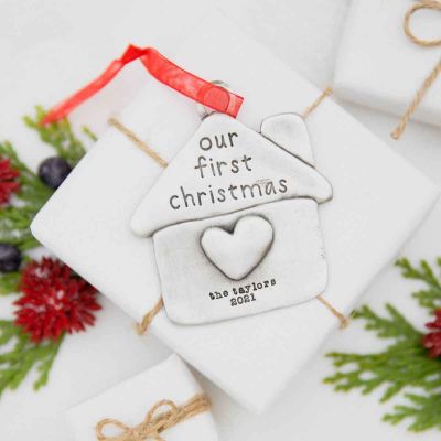 our first Christmas ornament hand-molded and cast in fine pewter and personalized with up to 2 lines of a meaningful message