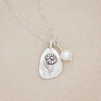 September birth flower necklace handcrafted in sterling silver with a special birth month charm strung with a vintage freshwater pearl
