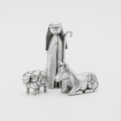 shepherd nativity figurine set hand-molded and cast in fine pewter and including a shepherd, donkey and sheep