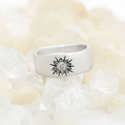 Sunburst crystal ring handcrafted in sterling silver and set with a 3mm bright cubic zirconia stone