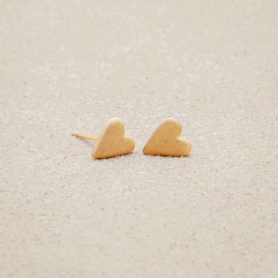14k yellow gold tiny heart stud earrings with a matte brushed finish