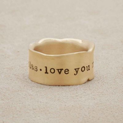 Very fine line ring handcrafted in 10k yellow gold with a satin/antiqued finish customizable with a name, phrase or date
